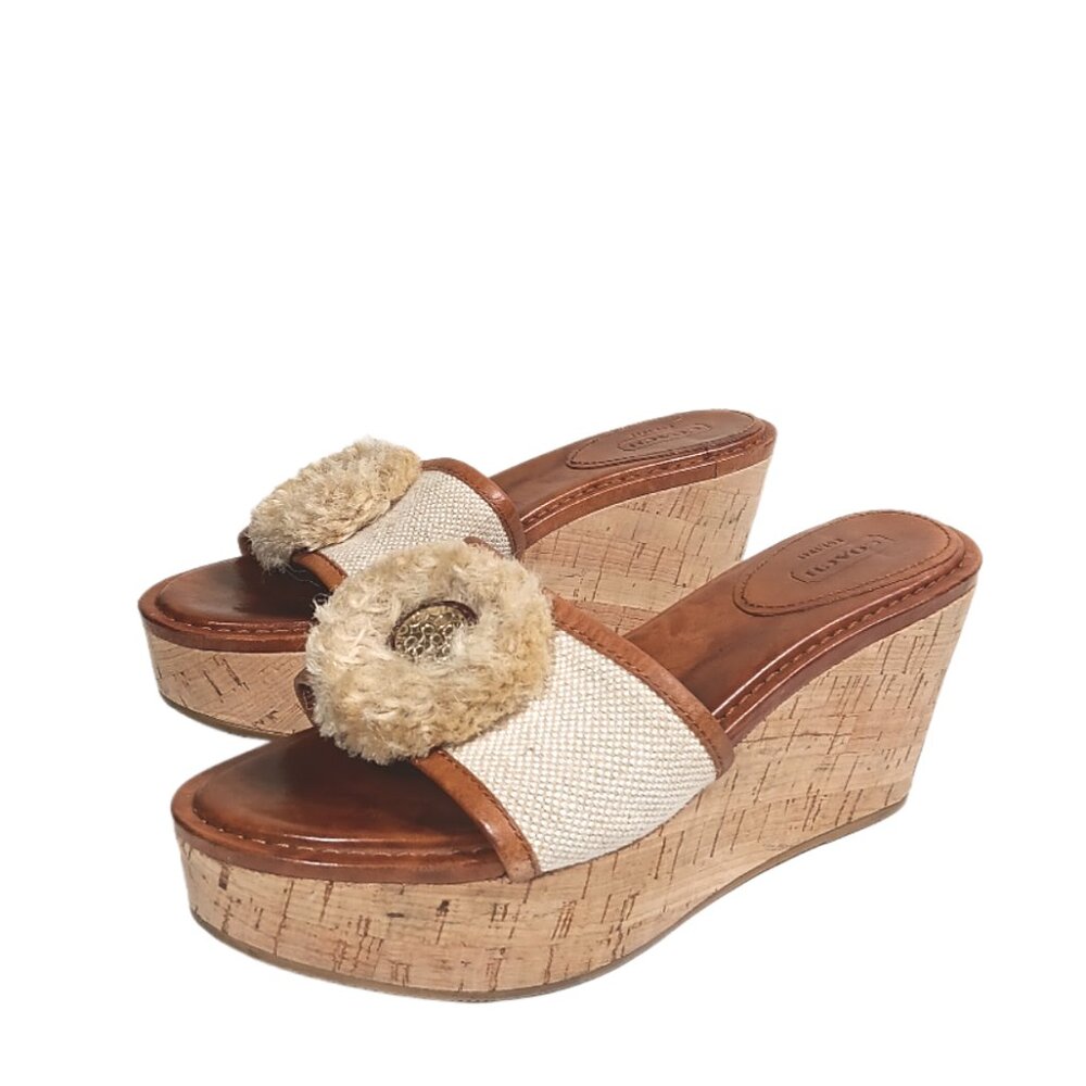 Coach Mule Sandals Womens 8 Tan Canvas Leather Trim Shearling Wedge Sandals - Picture 6 of 6